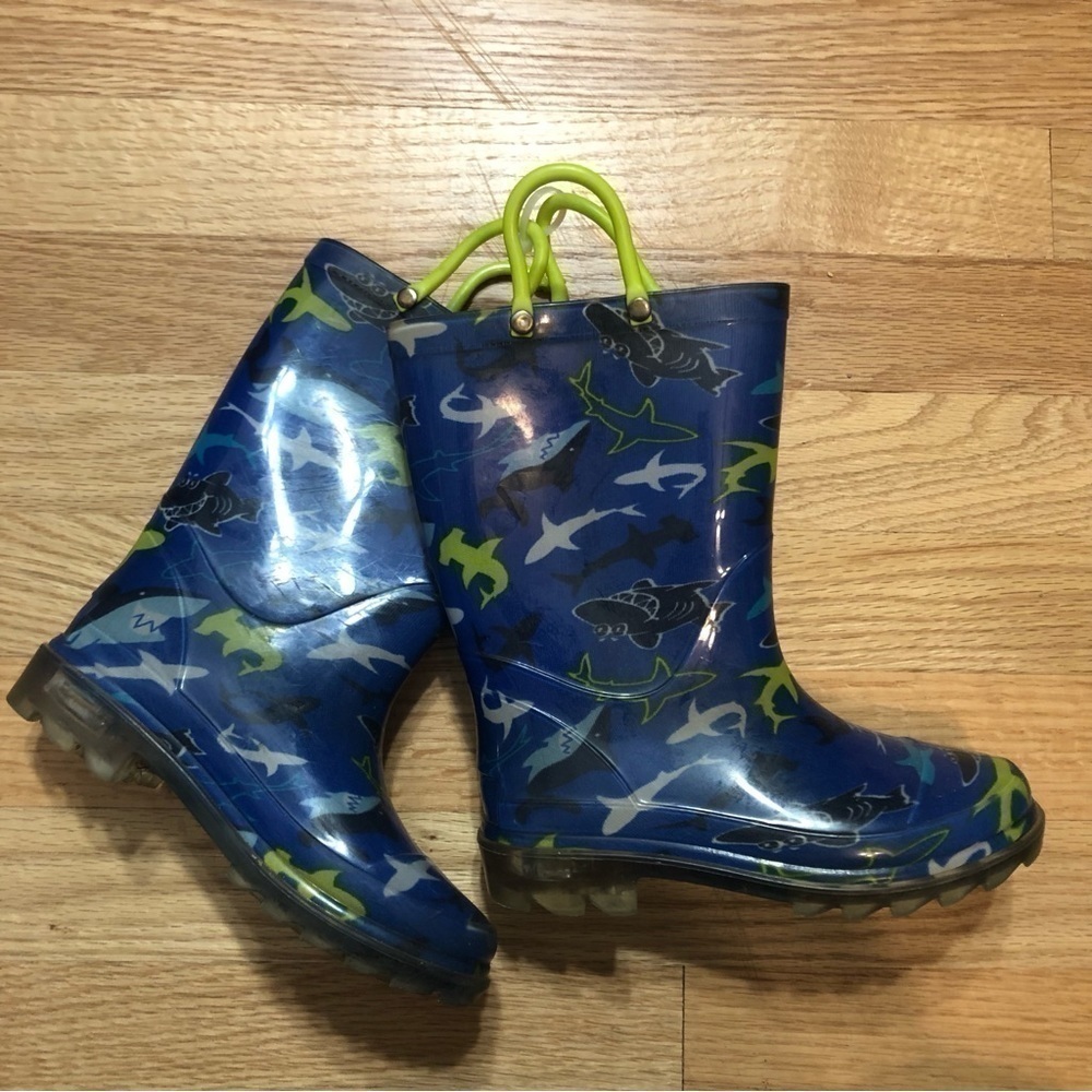 Shark Rain Boots Sz 11 Pull Up Kids Blue Green Boys